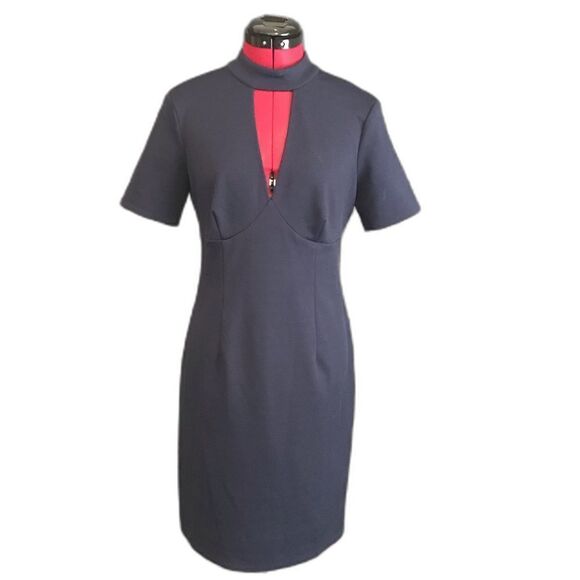 Trina Turk Dress Women’s Size 4 Navy Blue Short Sleeve V-Neck Zipper - Picture 6 of 6